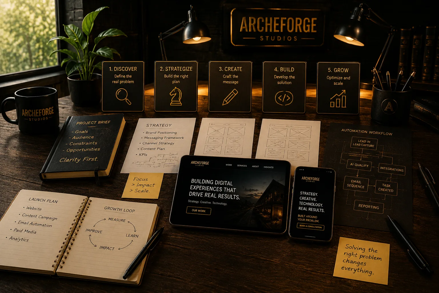 ArcheForge studio workspace showing the five stages: Discover, Strategize, Create, Build, and Grow