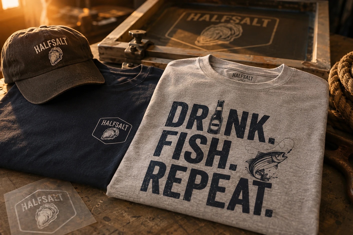 HalfSalt branded cap and screen-printed tees on a workshop bench beside a print screen
