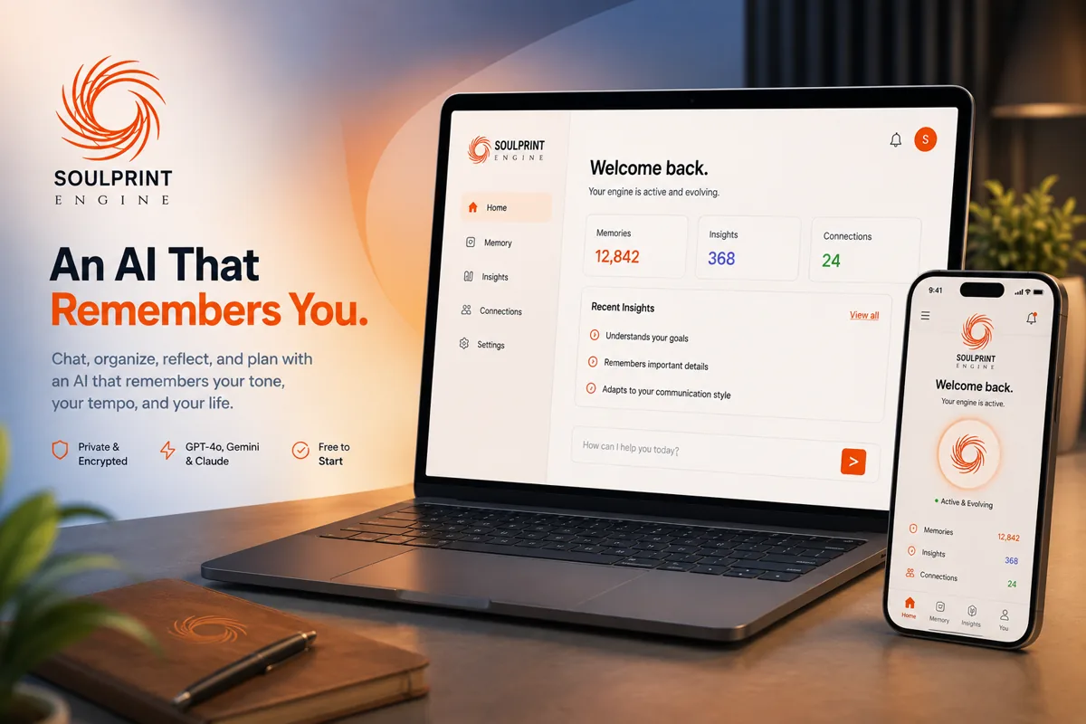 SoulPrint Engine — An AI That Remembers You — dashboard displayed on a laptop and phone