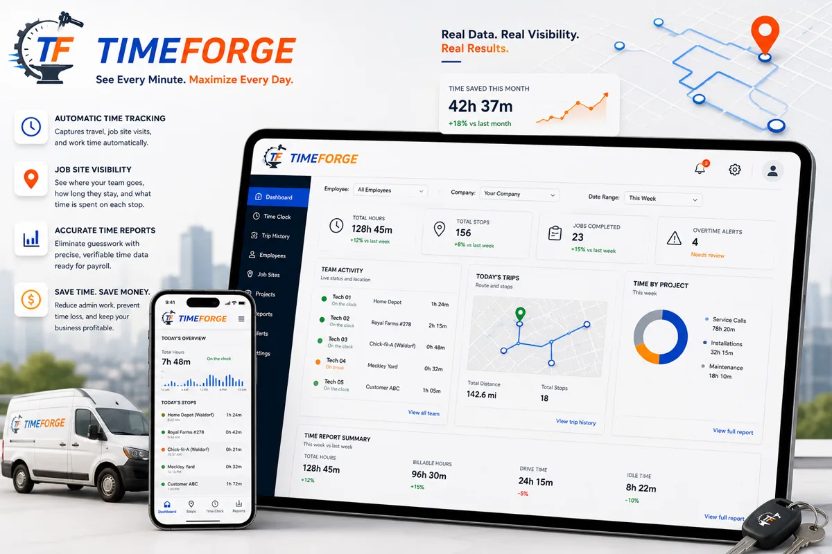 Time Forge dashboard and vehicle timer displayed on a laptop and phone
