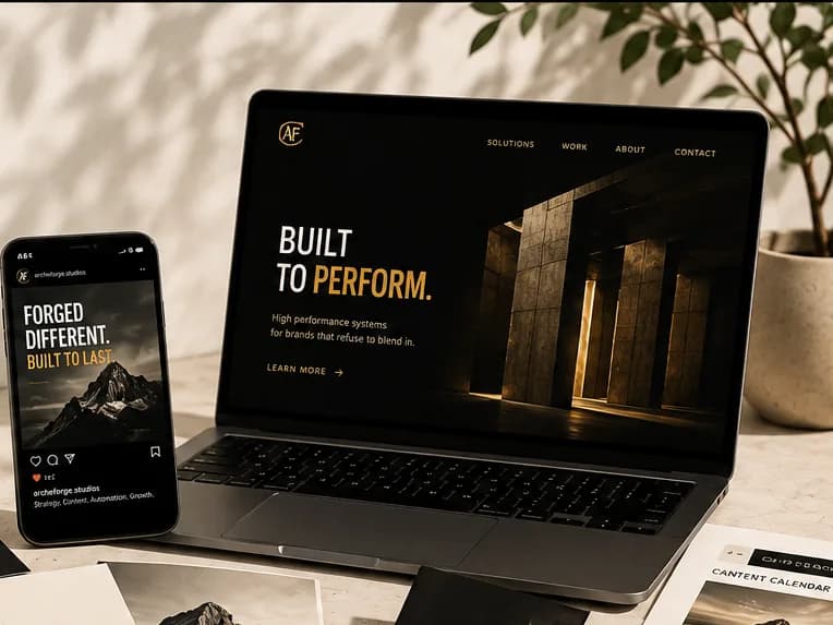 ArcheForge branded desk with laptop, phone, notebook, and printed collateral